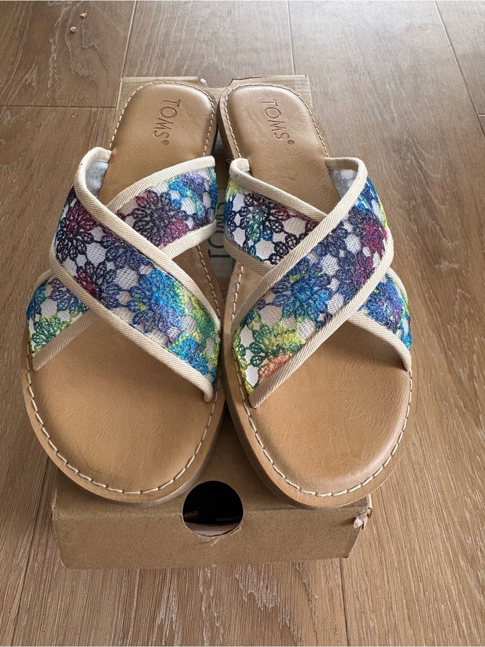 TOMS Viv Multi Crochet Slide Sandals Multicolor Crochet Straps Sz 7.5 New in Box